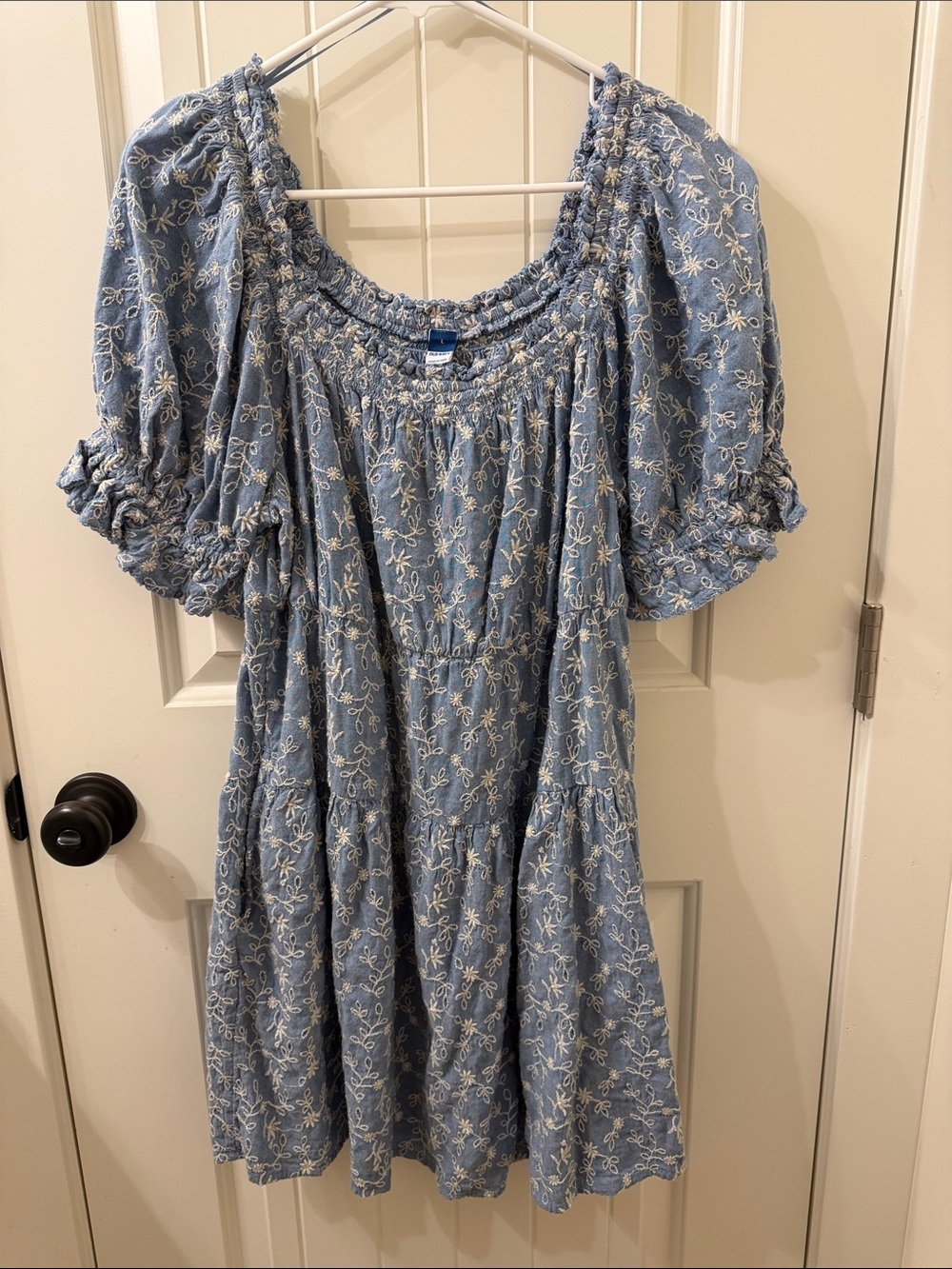 Old Navy Light Blue Embroidered Puff-Sleeve Midi Dress